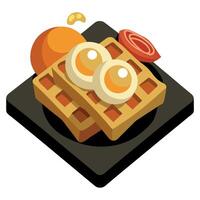 A plate of waffles topped with eggs and bacon on a black tray resting on a wooden table vector
