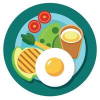 A delicious breakfast spread featuring sunny-side-up eggs. crispy bacon. avocado slices. and pancake vector