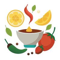 A white bowl of chili with a yellow lemon on the table. There are several bowls of food and condimen vector
