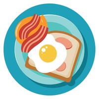 A delicious breakfast plate with bacon and eggs on toast. A white plate topped with a slice of toast vector
