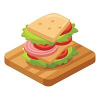 A ham. tomato. and lettuce sandwich. cut in two. displayed on a wooden platter on the table vector