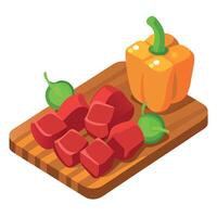 Chopped beef cubes on a wooden chopping board with a side of fresh bell peppers and onions vector