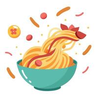 Epic Stylized Spaghetti Carbonara Burst from Ceramic Bowl with Floating Bacon and Parmesan vector