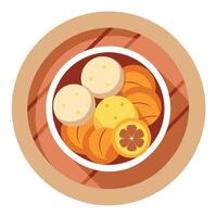 Dumplings potatoes and bacon in a bowl on a wooden table from top view with space for text vector