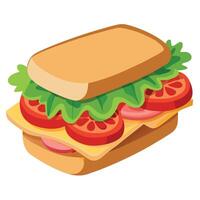 Close-up of a fresh. delicious sandwich with tomatoes. lettuce. bacon. and arugula on wooden table. vector