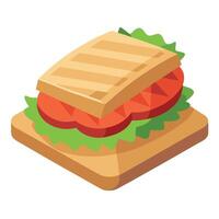 A grilled sandwich with lettuce and tomato on a white background. The sandwich is placed on a piece vector