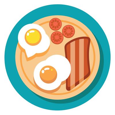 Delicious breakfast plate with sunny-side-up eggs. crispy bacon. scrambled eggs. and toast on a rust