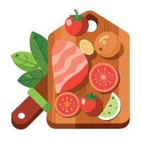 A wooden cutting board with a variety of meats and vegetables on it. The meats include ham. salami. vector