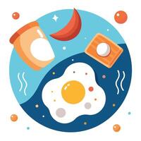 Fried eggs in zero gravity with toasted bread and flying bacon and drops of butter circling around. vector
