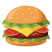 Close-up of a Delicious Cheeseburger with Bacon. Lettuce. Tomato. and Melted Cheese on a Toasted Bun vector