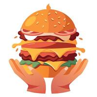 A massive double-decker burger. piled high with juicy patties. melted cheese. crisp bacon. and fresh vector