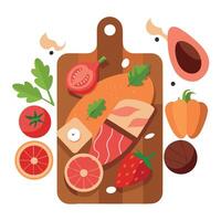 A variety of meats and vegetables are displayed on a wooden cutting board. The meats include bacon. vector