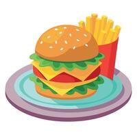 A detailed shot of a classic American hamburger. loaded with toppings and paired with golden fries. vector