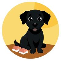 A black puppy with a short coat and floppy ears is sitting next to a plate of bacon strips . The pup vector