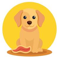 A golden retriever puppy with a short coat and floppy ears is sitting next to a plate of bacon strip vector