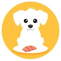 A white puppy with a short coat and floppy ears is sitting next to a plate of bacon strips . The pup vector