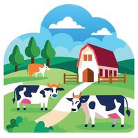 Cows graze on a quiet farm vector