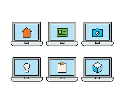 ordenador portátil computadora y casa, cámara, cubo, portapapeles íconos vector