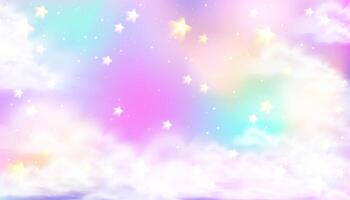 Dreamy unicorn sky background. Magic rainbow landscape with clouds and stars for fantasy princess design. Dream core concept. Stock illustration in surreal realistic style. vector