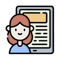 a woman holding a tablet computer and looking at a document vector