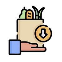 a hand holding a bag with food and a down arrow vector