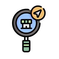 magnifying icon with a building and a map vector