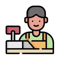 a man in an apron is working at a cash register vector