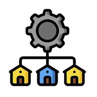 a gear wheel and three houses with a gear on top vector