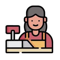 a woman in an apron is working at a cash register vector