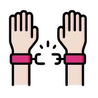 two hands with pink wristbands on them vector
