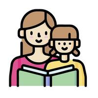 mother and daughter reading book icon vector