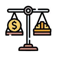 a balance scale with a coin and a hat on it vector