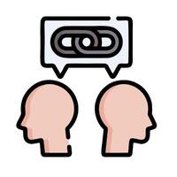 two heads with a link icon and a speech bubble vector