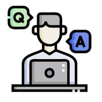 a man sitting at a desk with a laptop and two speech bubbles vector