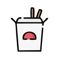 a white box with chopsticks and a red sauce vector