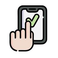 a hand holding a phone with a check mark on it vector