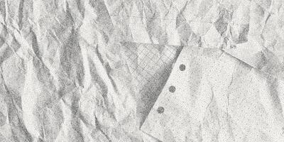Black dusty textured background, sheets of crumpled checkered, dotted, craft paper. Noisy gritty dot halftone effect, aged banner in grunge style, overlay. Torn out notebook pages. vector