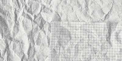 Black dusty textured background, sheets of crumpled checkered, dotted, craft paper. Noisy gritty dot halftone effect, vintage banner in grunge style, overlay. Torn out notebook pages. vector