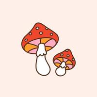 Groovy fly agaric mushrooms. Colorful illustration in vintage style. Retro 70s 60s design element or icon vector