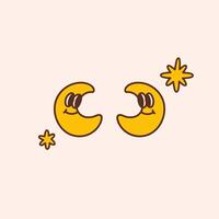 Groovy cartoon moon and stars. Colorful illustration in vintage style. Retro 70s 60s design element or icon vector