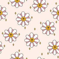 Retro seamless pattern with groovy happy daisies and stars. Background in a warm color palette. Textile design in vintage style 60s 70s vector