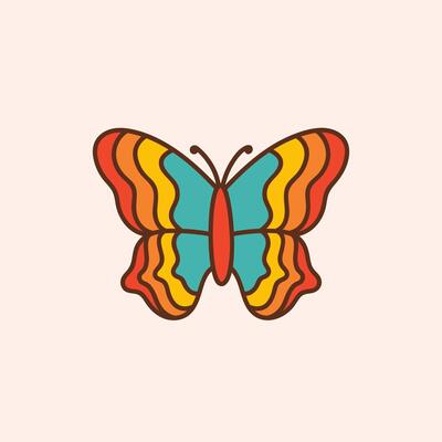 Retro groovy butterfly. Colorful illustration in vintage style. Nostalgic 70s 60s design element or icon