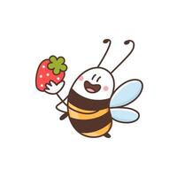 Happy bee with ripe strawberry. Funny smiling honeybee cartoon character. Happy bumblebee or wasp. Colored illustration isolated on white background vector
