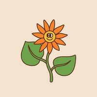 Retro happy sunflower. Colorful illustration in vintage cartoon style. Nostalgic 70s 60s design element vector