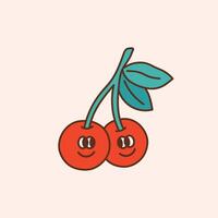 Retro happy cherry. Colorful illustration in vintage cartoon style. Nostalgic 70s 60s design element vector