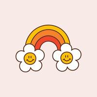 Retro rainbow with happy daisies. Colorful illustration in vintage style. Nostalgic 70s 60s design element vector