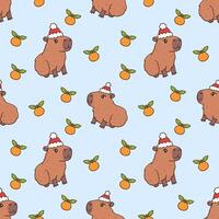 Winter background with cute animal capybaras in Santa hat. Seamless pattern with cartoon characters and citrus fruits tangerines. New Year illustration isolated on blue background. Merry Christmas vector