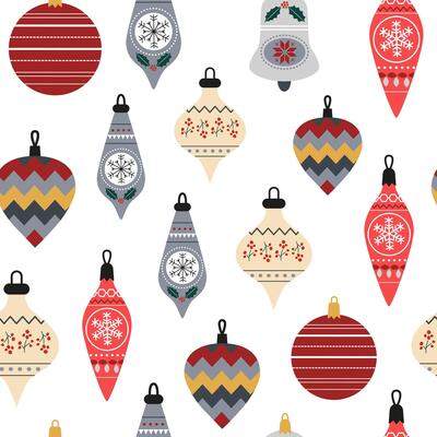 Christmas tree baubles seamless pattern. Scandinavian style - balls, toys, decorations, bells. Modern vintage Christmas. X-mas holidays. New Year. background, digital paper, wallpaper.