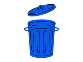 Hand drawn cute cartoon illustration of big garbage can with open lid. Flat trash bin, environmental pollution design in colored doodle style. Ecology sticker, icon. Rubbish disposal. Isolated. vector