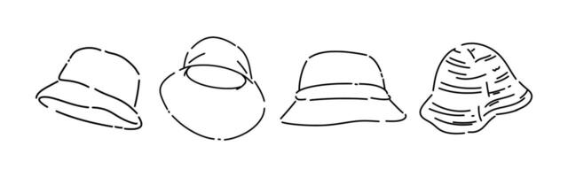 Set line drawing of bucket hat. Isolated on white background. Graphic illustration. vector